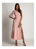 Maxi dress with an asymmetrical neckline, powder pink AZR241089